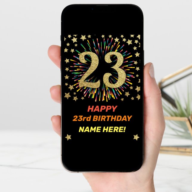 Happy 23rd Birthday Black & Gold Rainbow Firework Card (Front Digital)