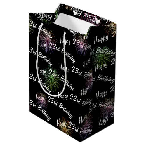 Happy 23rd Birthday fireworks on black Medium Gift Bag