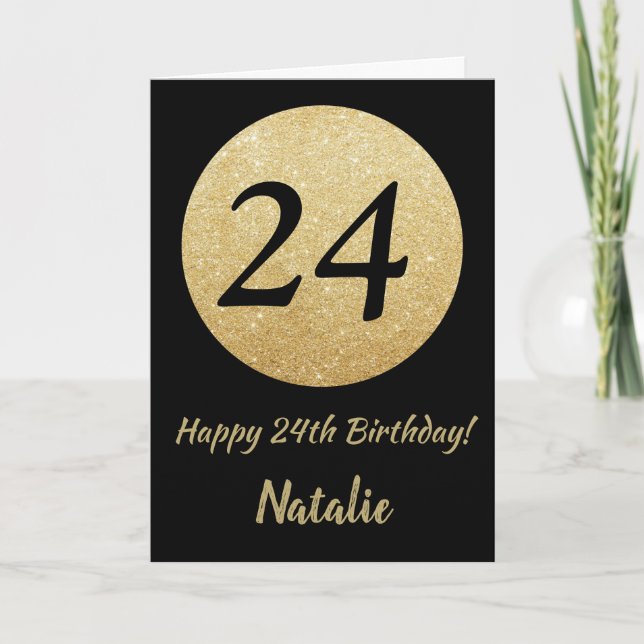 Happy 24th Birthday Black and Gold Glitter Card (Front)