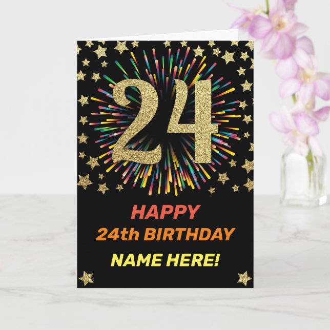 Happy 24th Birthday Black & Gold Rainbow Firework Card (Orchid)