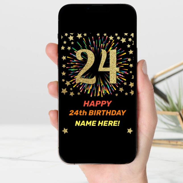Happy 24th Birthday Black & Gold Rainbow Firework Card (Front Digital)
