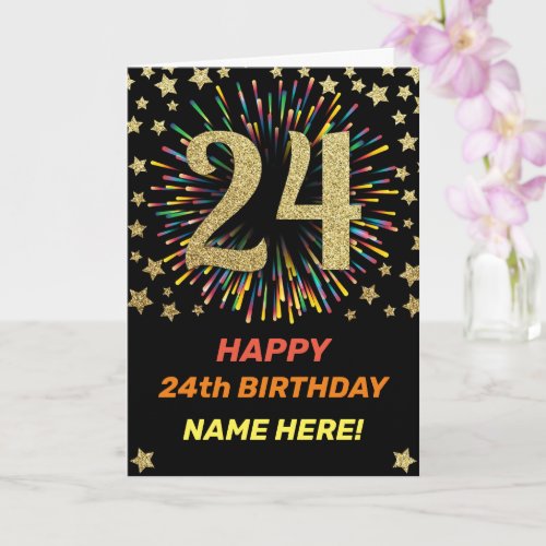 Happy 24th Birthday Black  Gold Rainbow Firework Card