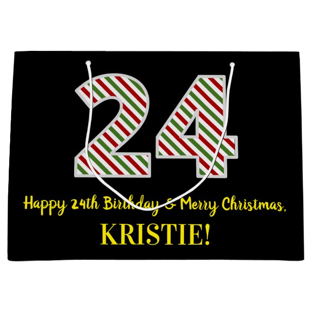 Happy 24th Birthday & Merry Christmas, Custom Name Large Gift Bag (Front)