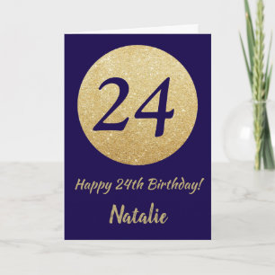 Happy 24th Birthday Navy Blue and Gold Glitter Card