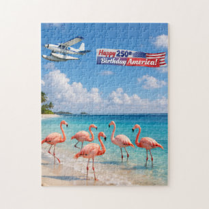 Happy 250th Birthday America Flamingos on Beach Jigsaw Puzzle