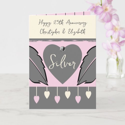Happy 25th Anniversary add names grey pink Card
