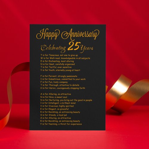 Happy 25th Anniversary Black  Gold Greeting Card