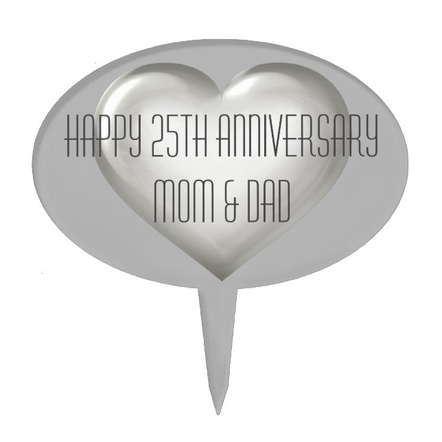 Happy 25th Anniversary Mom & Dad silver glas heart Cake Topper (Front)