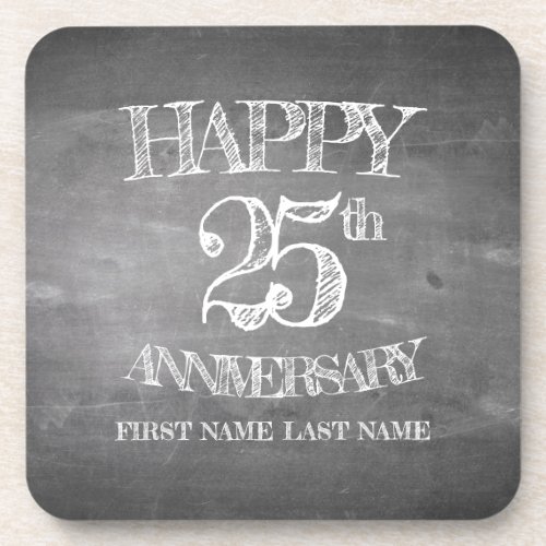 Happy 25th anniversary on chalk board beverage coaster