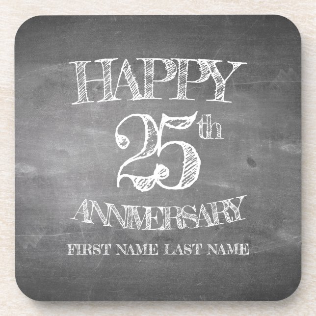 Happy 25th anniversary on chalk board beverage coaster (Front)