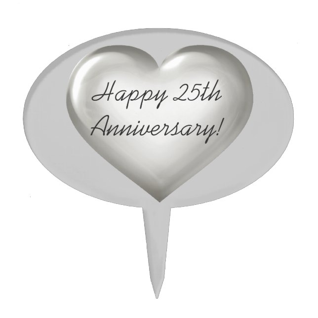 Happy 25th Anniversary! silver glass heart Cake Topper (Front)