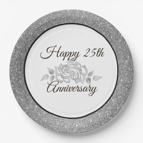 Happy 25th Anniversary Silver Glitter Paper Plates