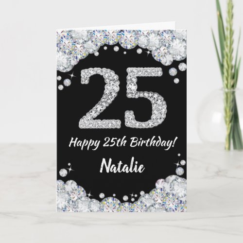 Happy 25th Birthday Black and Silver Glitter Card