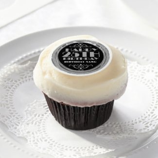 Happy 25th Birthday Black & Silver Edible Frosting Rounds