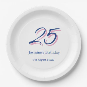 happy 25th birthday blue pink name date bold lette paper plates