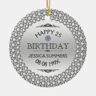 Happy 25th Birthday Diamonds & Silver Ceramic Ornament
