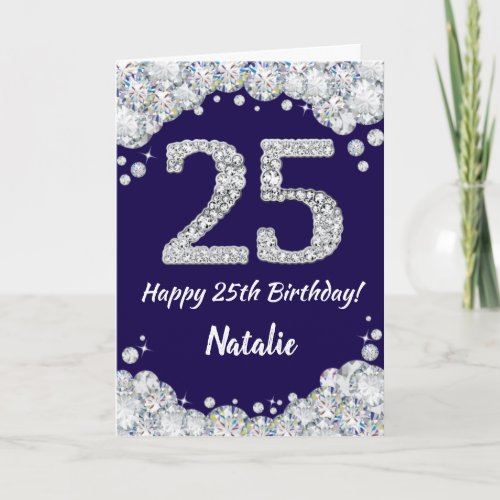 Happy 25th Birthday Navy Blue and Silver Glitter Card