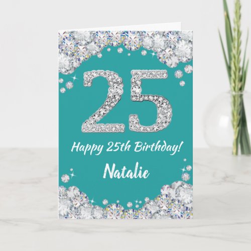 Happy 25th Birthday Teal and Silver Glitter Card