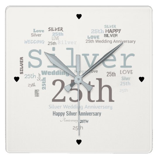 Happy 25th Silver Wedding Anniversary Word Cloud Square Wall Clock