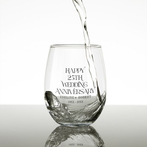 Happy 25th Wedding Anniversary Black Calligraphy Stemless Wine Glass