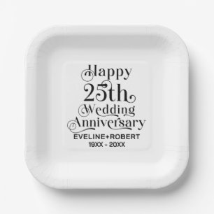 Happy 25th Wedding Anniversary Black Typography Paper Plates