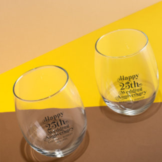 Happy 25th Wedding Anniversary Black Typography Stemless Wine Glass