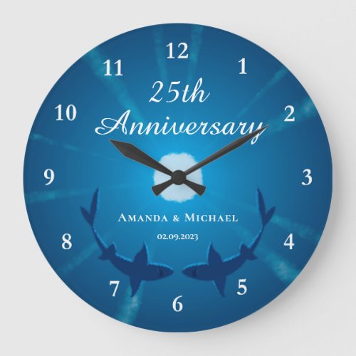 Happy 25th Wedding Anniversary Couple Sharks Moon Large Clock