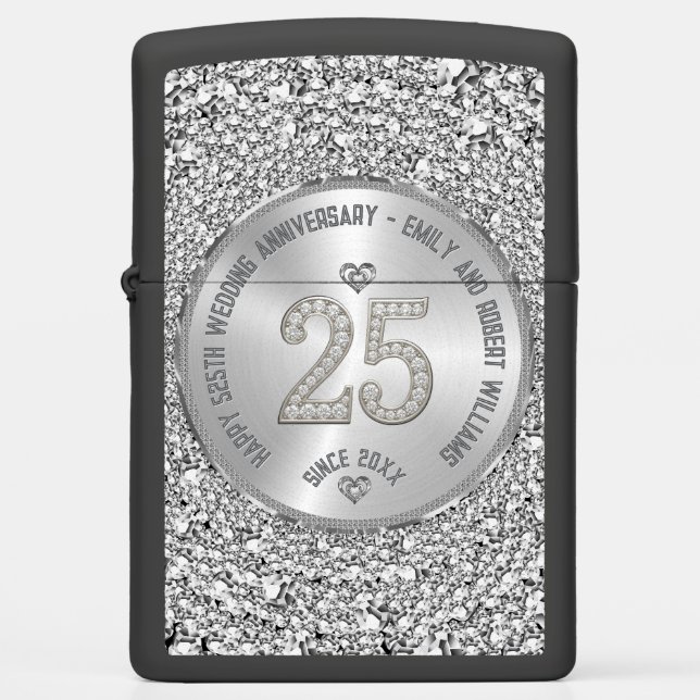 Happy 25th Wedding Anniversary, Diamond and Silver Zippo Lighter (Front)