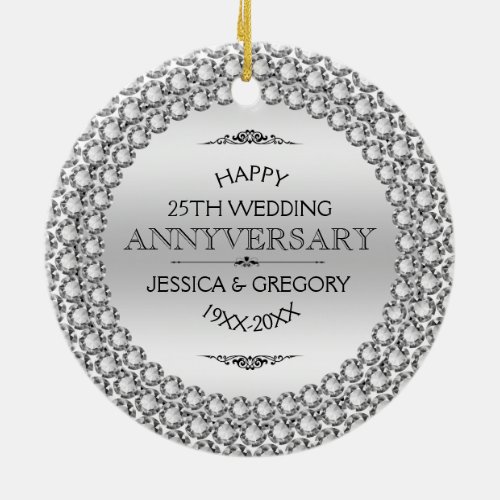 Happy 25th Wedding Anniversary Diamonds  Silver Ceramic Ornament