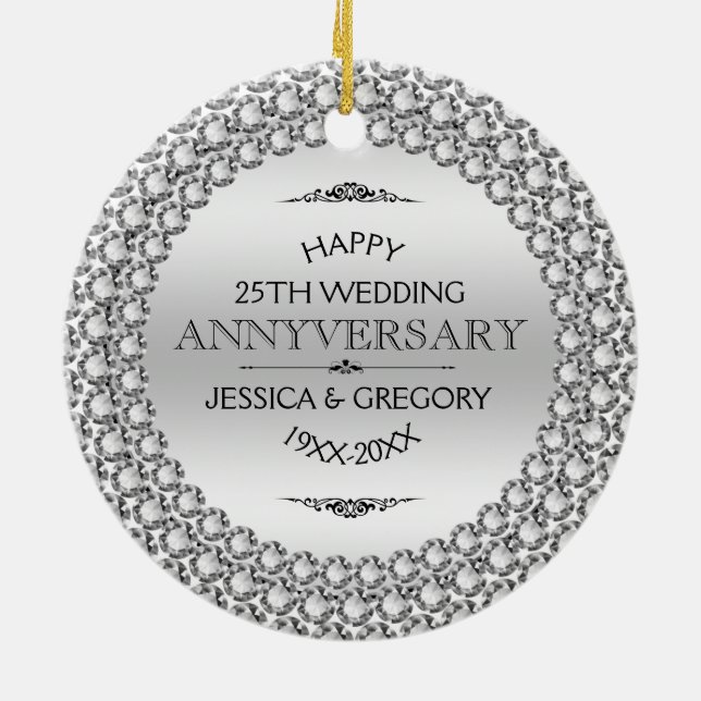 Happy 25th Wedding Anniversary Diamonds & Silver Ceramic Ornament (Back)