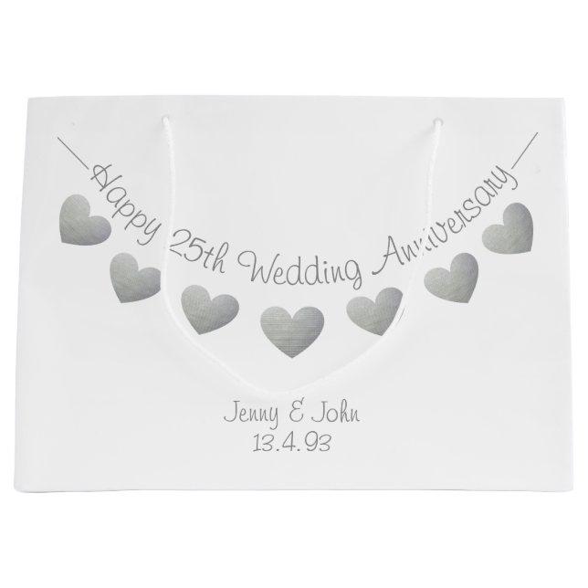 Happy 25th Wedding Anniversary Silver hearts Large Gift Bag (Front)