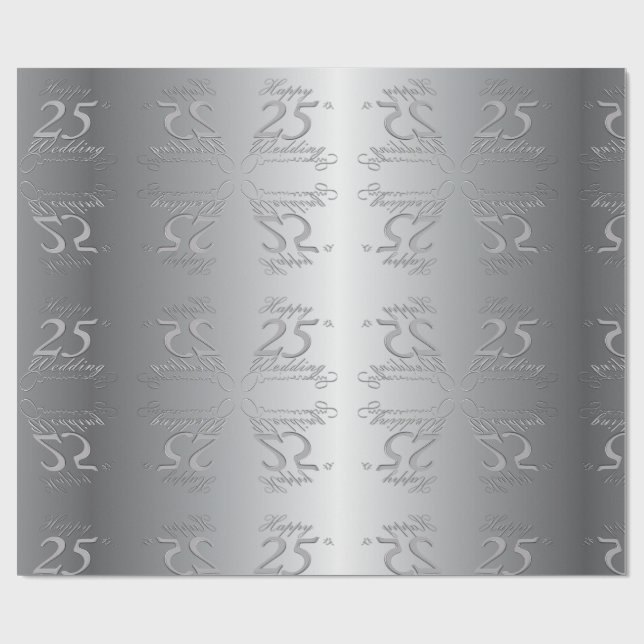 "Happy 25th Wedding Anniversary" Silvery Font Wrapping Paper (Flat)