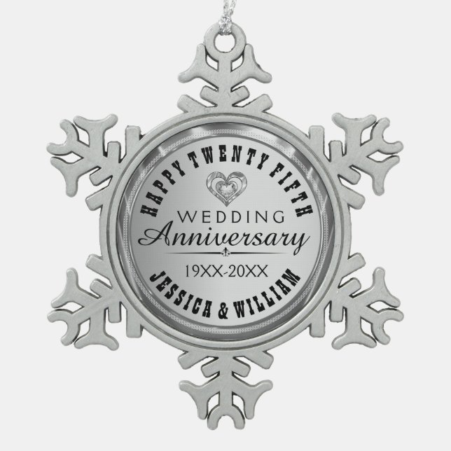 Happy 25Th Wedding Anniversary Snowflake Pewter Christmas Ornament (Front)