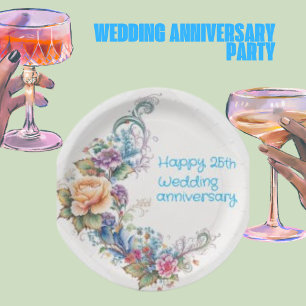 Happy 25th Wedding Script, Yellow Pink Wreath Paper Plates