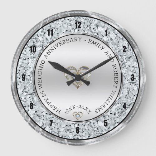 Happy 25th wedding universally diamonds and silver large clock