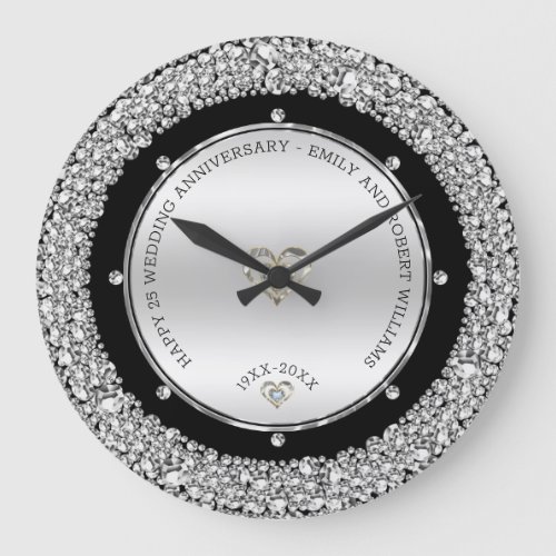 Happy 25th wedding universally diamonds and silver large clock