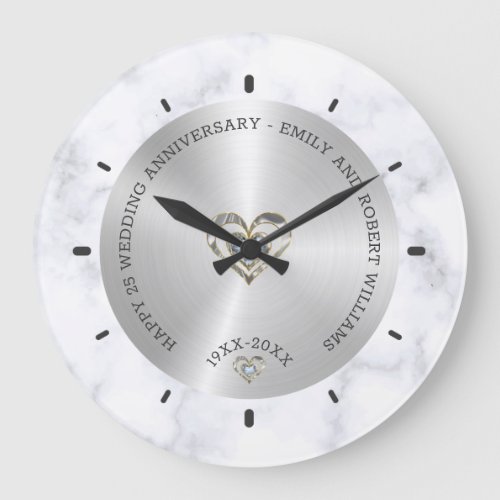Happy 25th wedding universally marble and silver large clock
