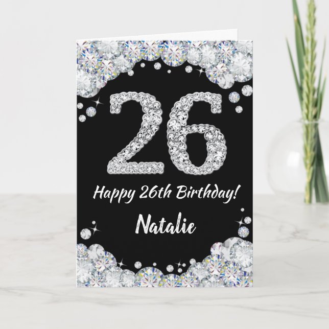 Happy 26th Birthday Black and Silver Glitter Card (Front)