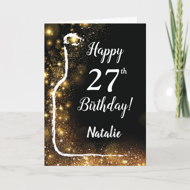 Happy 27th Birthday Black and Gold Glitter Wine Card (Front)