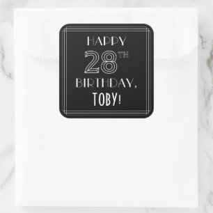 HAPPY 28TH BIRTHDAY; Art Deco Style; Custom Name Square Sticker
