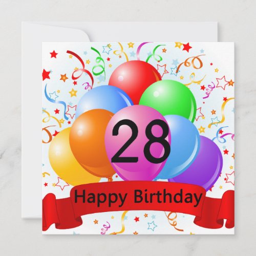 Happy 28th Birthday Balloons Banner Card
