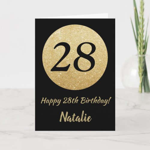 Happy 28th Birthday Black and Gold Glitter Card