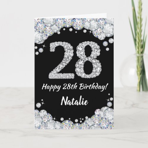 Happy 28th Birthday Black and Silver Glitter Card