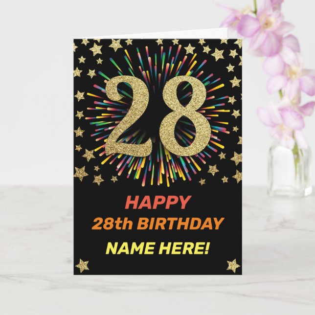 Happy 28th Birthday Black & Gold Rainbow Firework Card (Orchid)