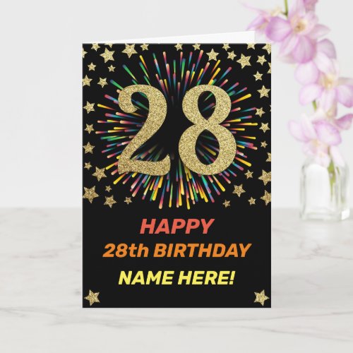 Happy 28th Birthday Black  Gold Rainbow Firework Card