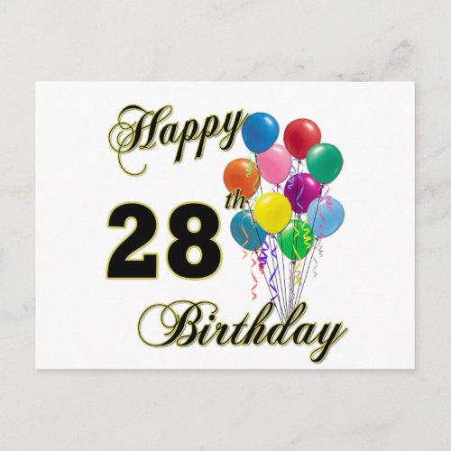 Happy 28th Birthday Gifts with Balloons Postcard
