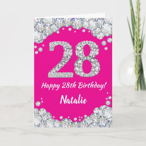 Happy 28th Birthday Hot Pink and Silver Glitter Card