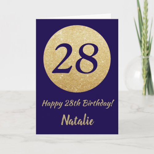 Happy 28th Birthday Navy Blue and Gold Glitter Card