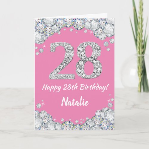 Happy 28th Birthday Pink and Silver Glitter Card