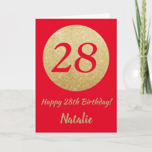 Happy 28th Birthday Red and Gold Glitter Card